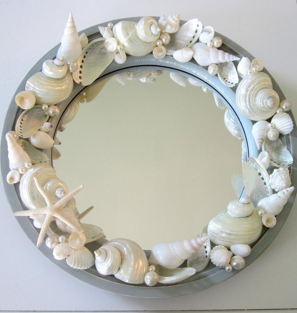Beach Decor Seashell Mirror - Nautical Decor Porthole Shell Mirror W Starfish, Aqua 10.5 In