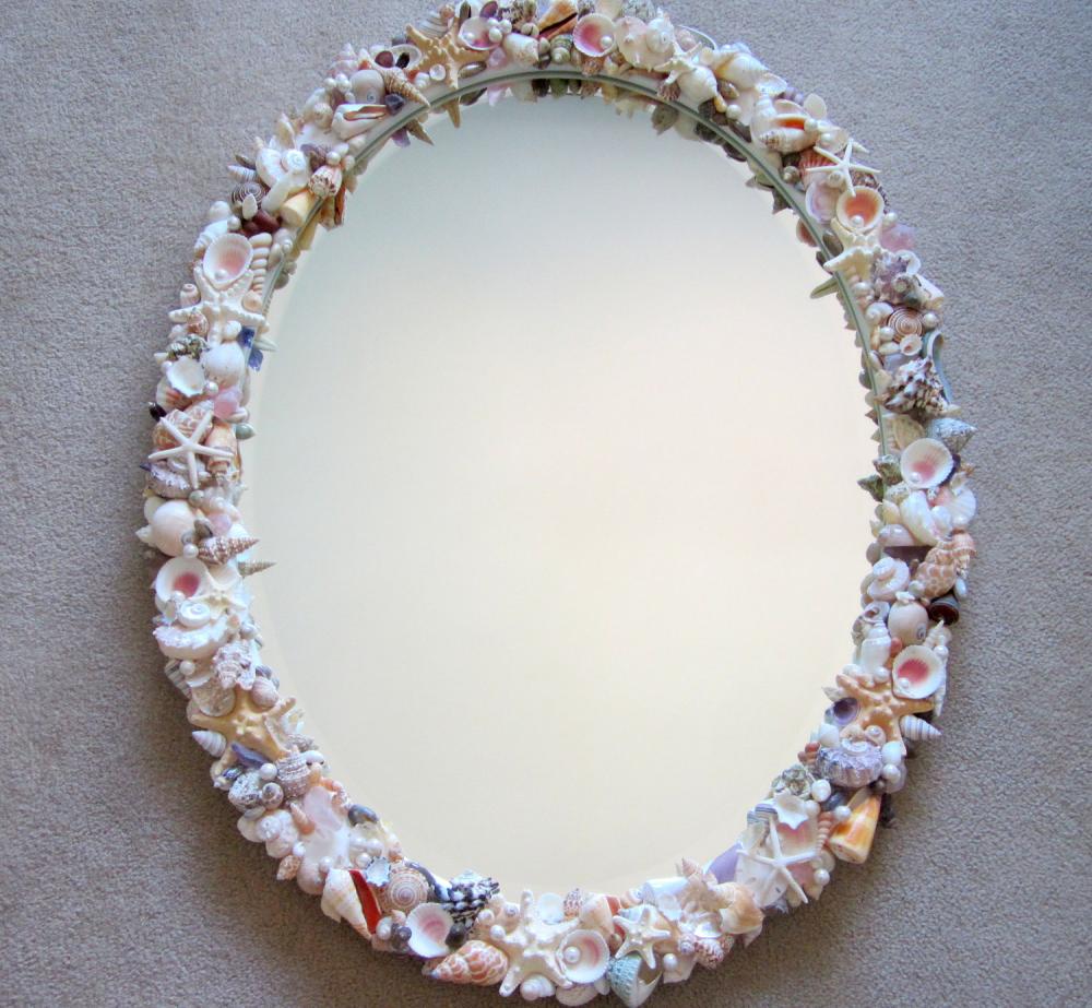 Beach Decor Seashell Mirror - Nautical Decor Natural Shell Mirror W Sea Glass, Oval