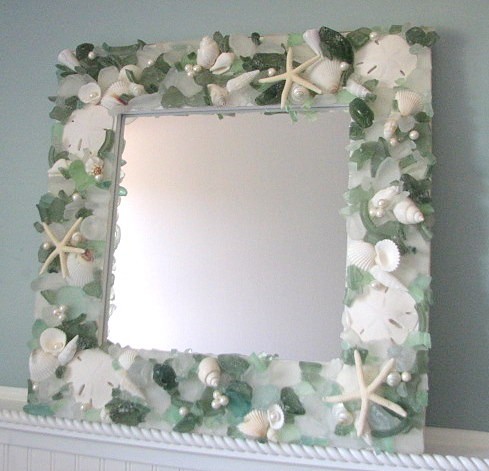 Beach Decor Seashell Mirror - Nautical Sea Glass Shell Mirrors W White Starfish & Pearls - Green