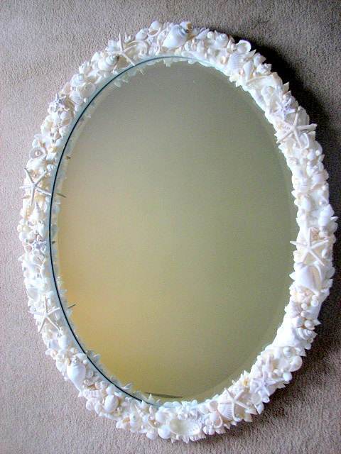 Beach Decor Shell Mirror - Nautical Seashell Mirror W Starfish, Sand Dollars & Pearls - White