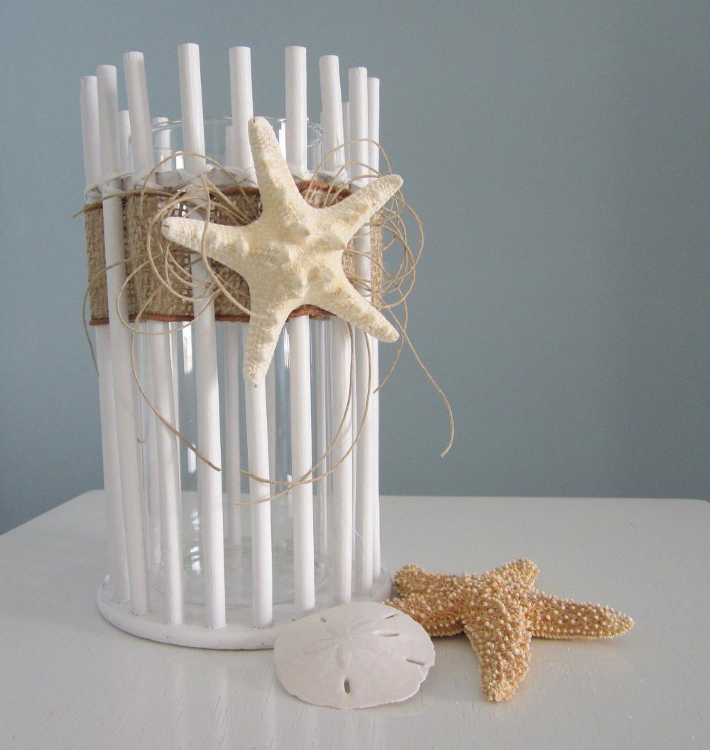 Beach Decor Candle Holder Or Vase - Lg. Nautical Decor White Bamboo W Starfish, 2 Sizes
