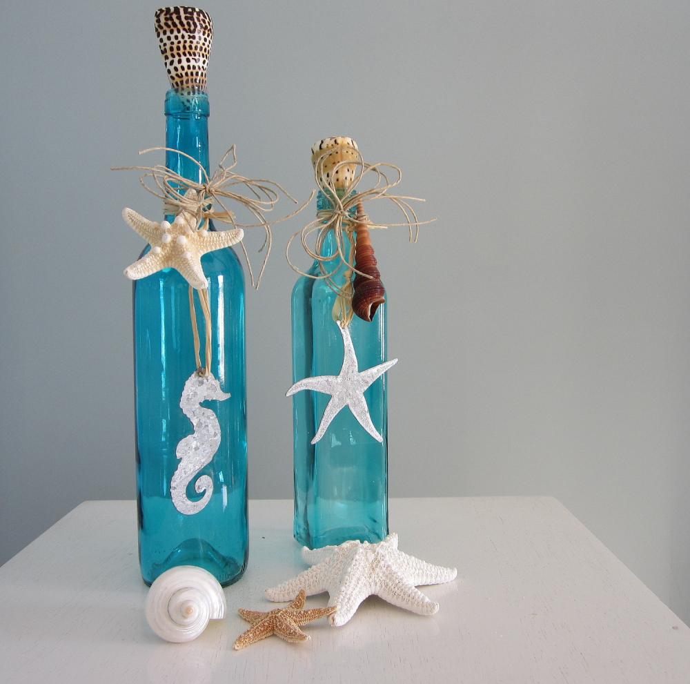 Beach Decor Decorative Bottles - Nautical Bottles In Turquoise Aqua W Starfish & Shells - Set Of 2