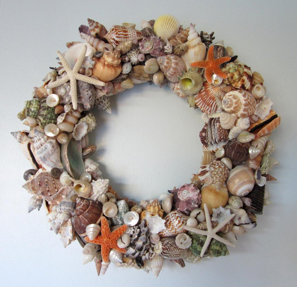 Beach Decor Seashell Wreath - Nautical Decor Shell Wreath W Starfish, Fully Covered