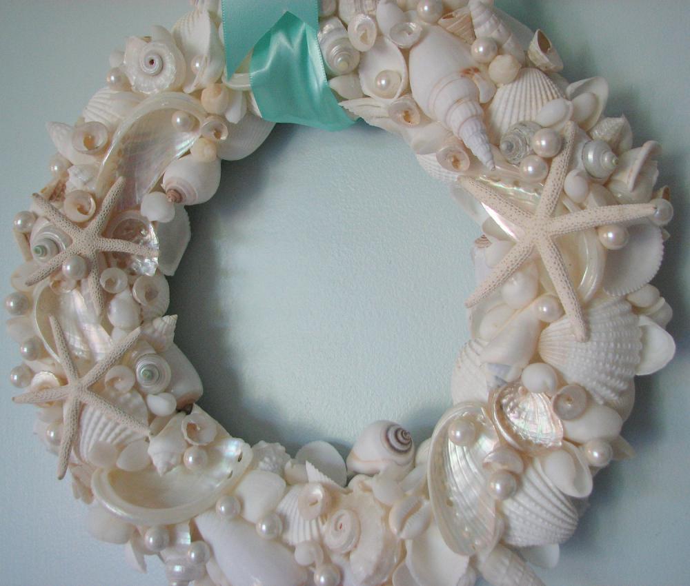 Beach Decor Seashell Wreath - Shell Wreath W All White Shells, Starfish & Pearls