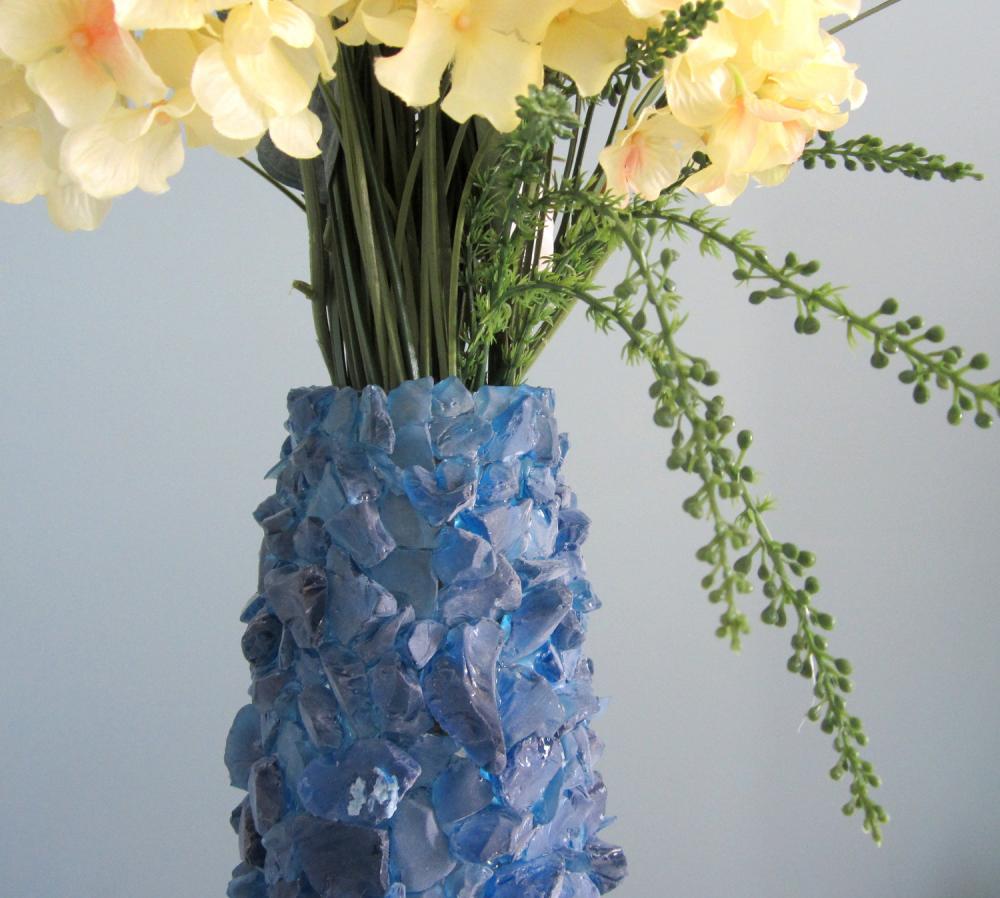 Beach Decor Sea Glass & Starfish Vase Nautical Navy Vase W Nautical