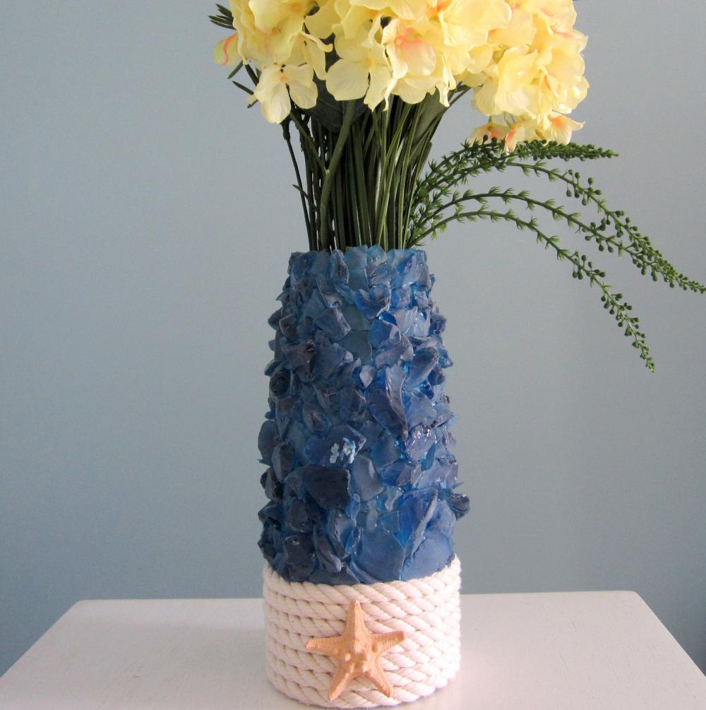 Beach Decor Sea Glass & Starfish Vase Nautical Navy Vase W Nautical