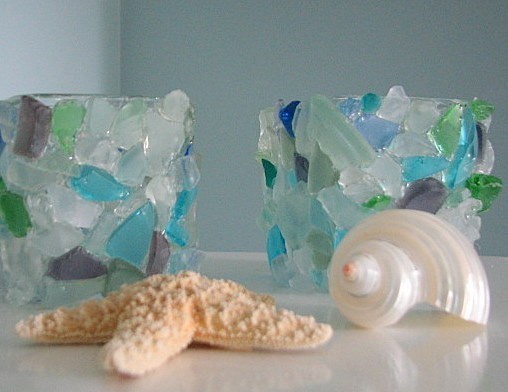 Beach Decor Sea Glass Votive - Beach Glass Candle Holder In Aqua, Blue, Green
