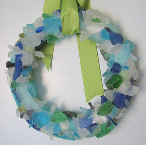 Beach Decor Sea Glass Wreath - Beach Glass Wreath In Aqua, Blue, And Green