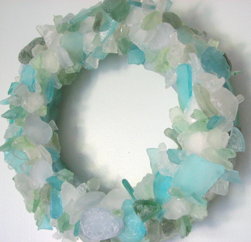 Beach Decor Sea Glass Wreath - Nautical Beach Glass Wreath For Table Or Wall