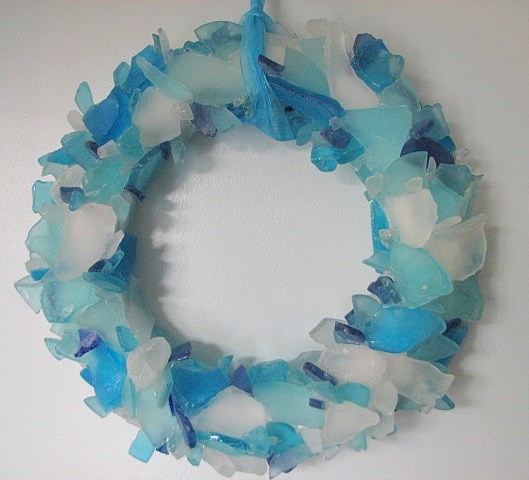 Sea Glass Beach Decor Wreath - Nautical Beach Glass Wreath In Aqua, Blue