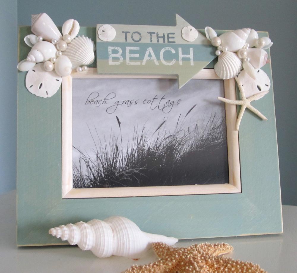 Beach Decor Seashell Frame - Nautical Decor Shell Frame With Beach Sign, 5x7 Aqua