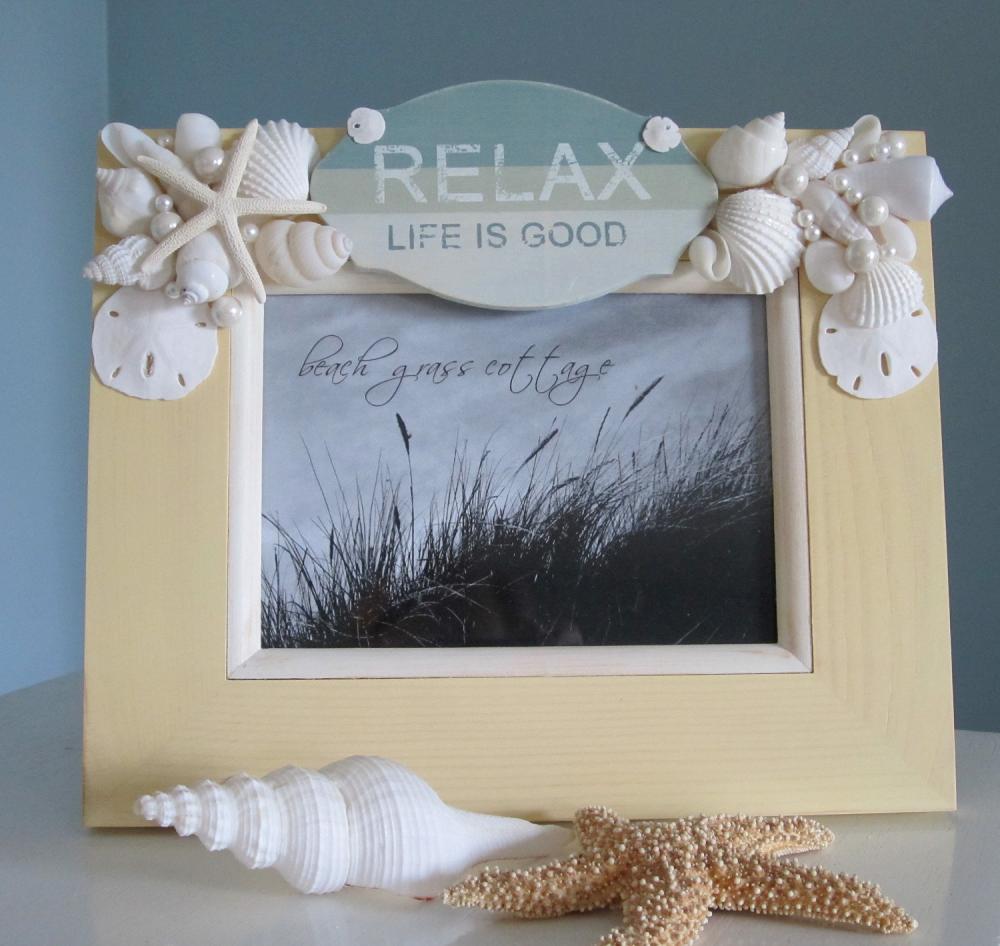 Beach Decor Seashell Frame - Nautical Decor Shell Frame With Relax Sign, 8x10 Ivory