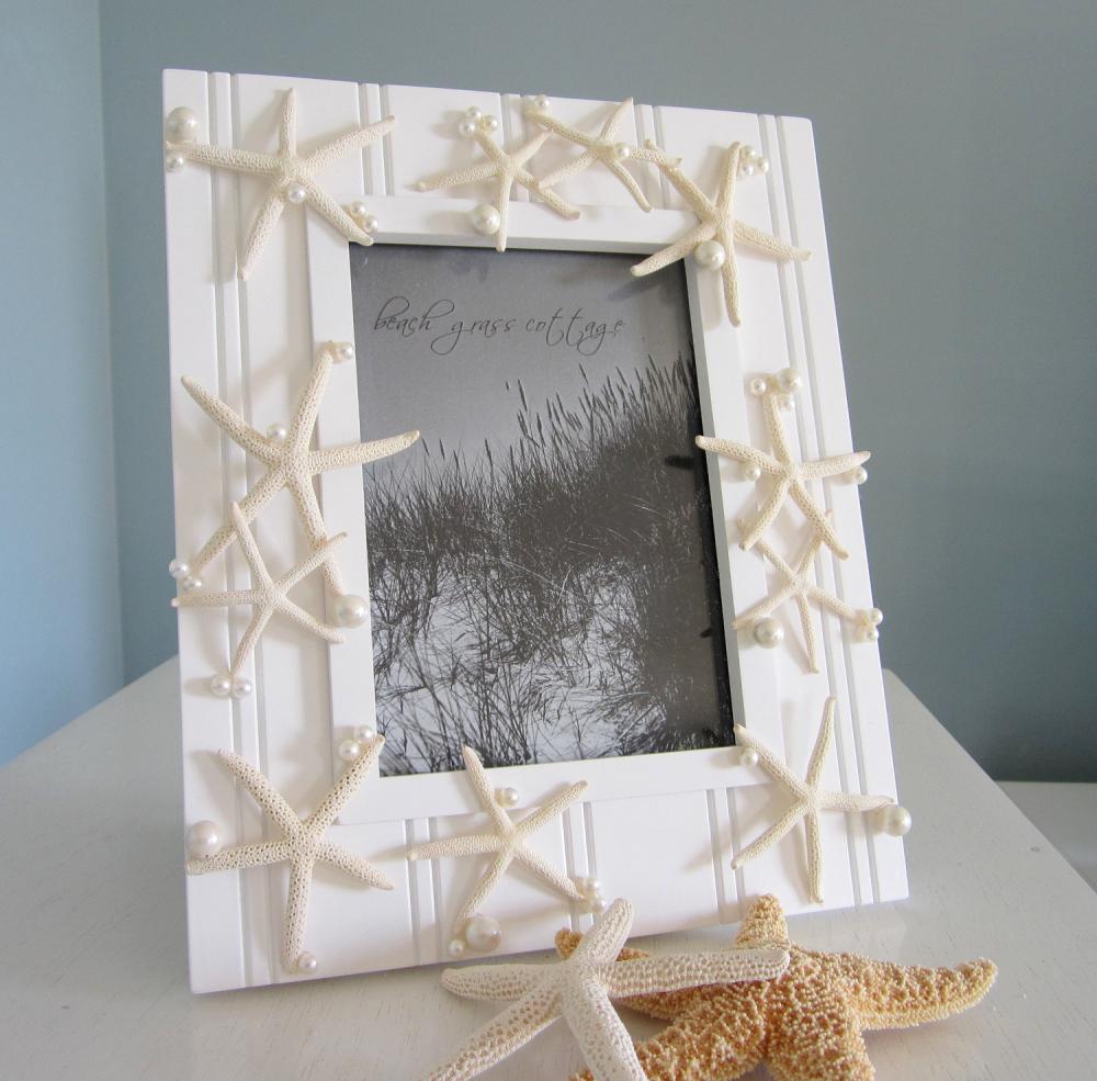 Beach Decor Seashell Frame - Nautical Starfish Shell Frame W Pearls, 8x10