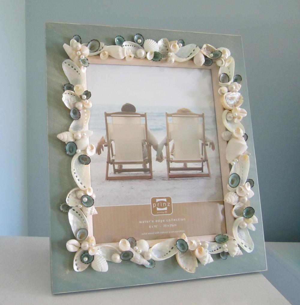 Beach Decor Seashell Frame - Nautical Shell Frame W Pearls & Aqua ...