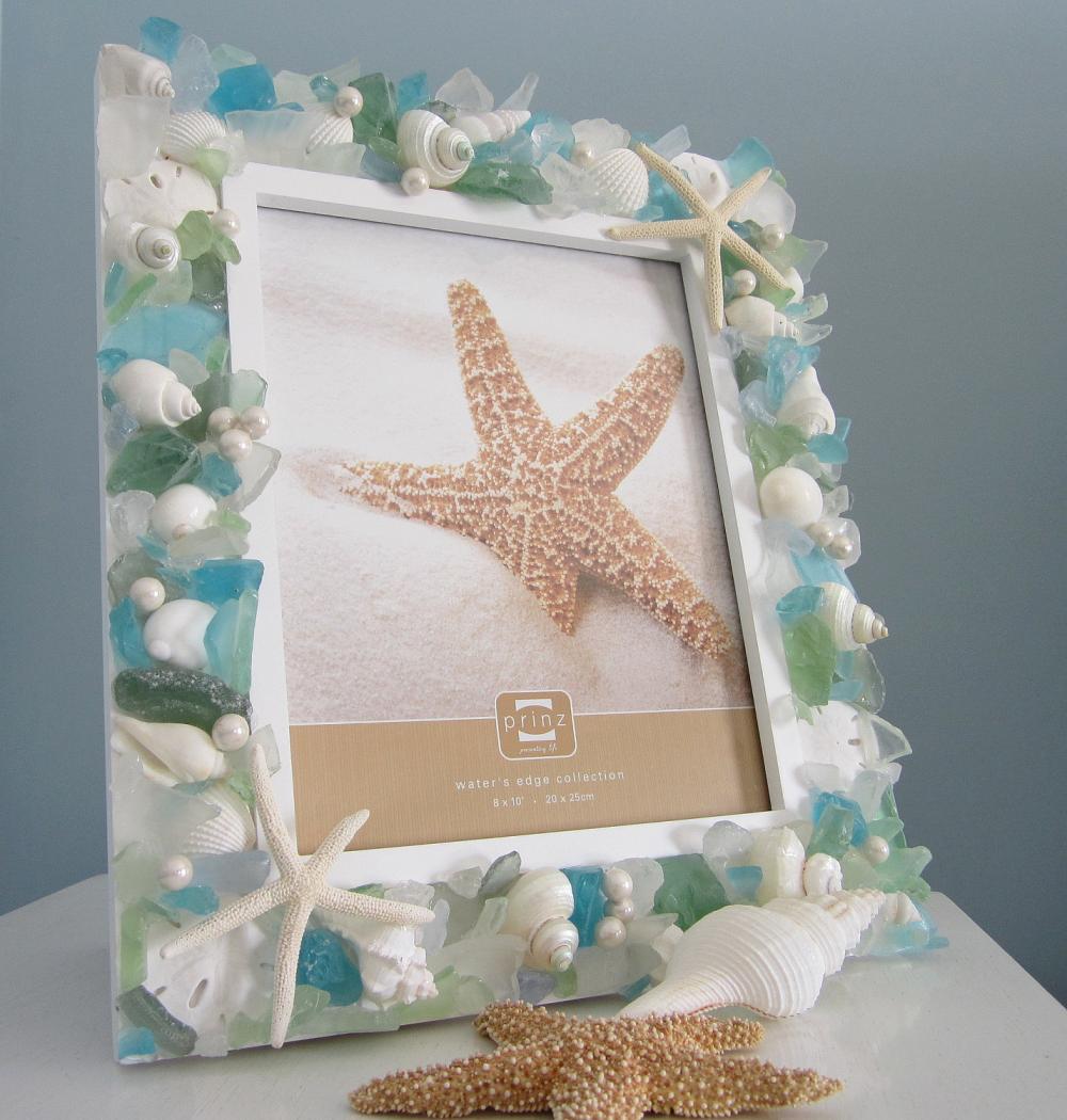 Shell Frame Beach Decor - Nautical Seashell Frame W Pastel Sea Glass & Starfish, 8x10