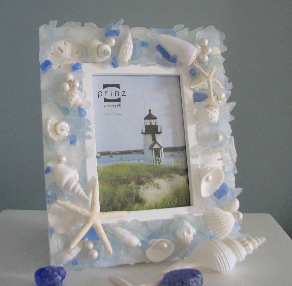 Beach Decor Seashell Frame - Nautical Shell Frame W Sea Glass ...