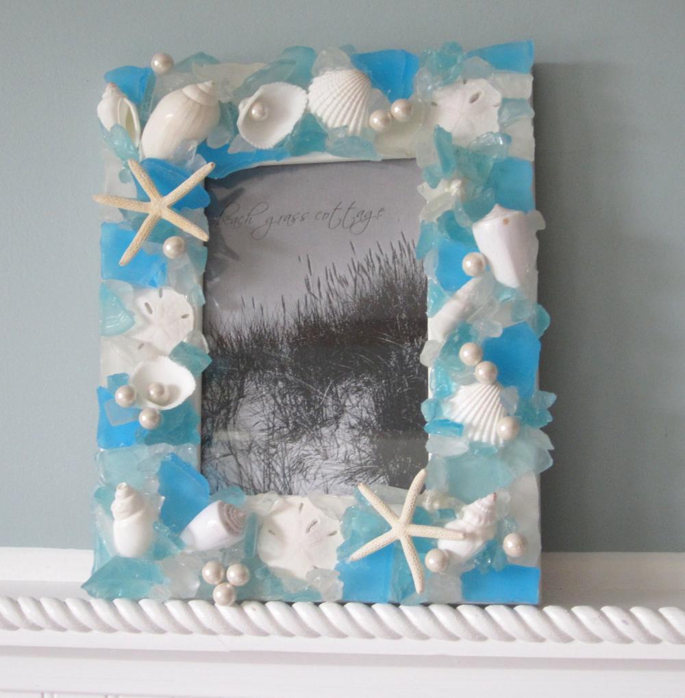 Beach Decor Seashell Frame - Nautical Shell Frame W Sea Glass & Starfish, 5x7 Aqua Turquoise