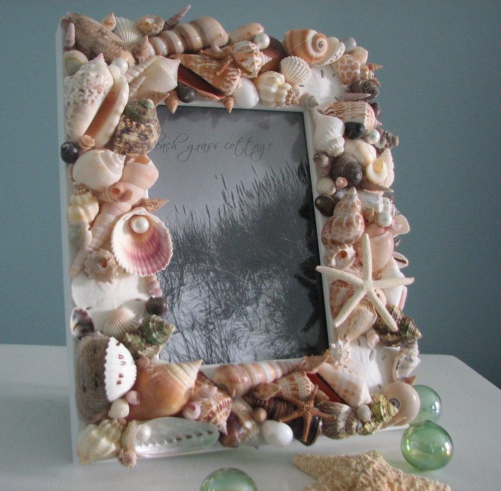 Beach Frames - Beach Decor Seashell Frame W Natural Shells, Nautical Starfish & Pearls - 8x10
