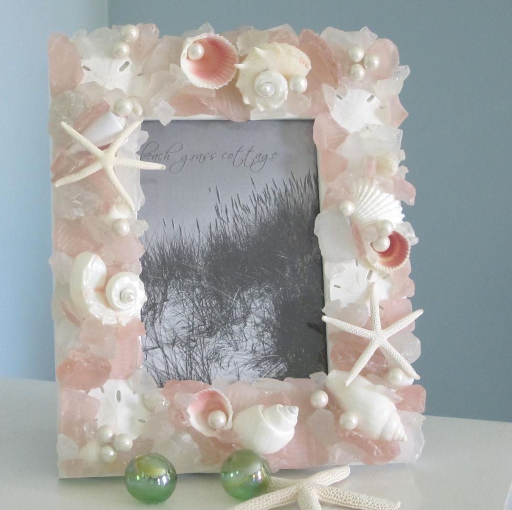 Beach Decor Seashell Frame - Nautical Shell Frame W Sea Glass & White Starfish, 5x7 Pink