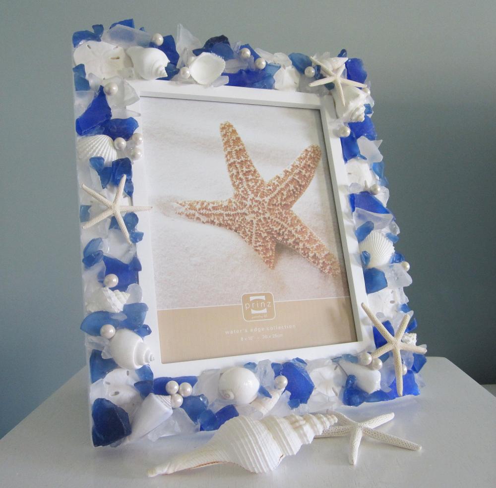Shell Frame Beach Decor - Nautical Seashell Frame W Sea Glass, Starfish & Pearls - 8x10 Blue