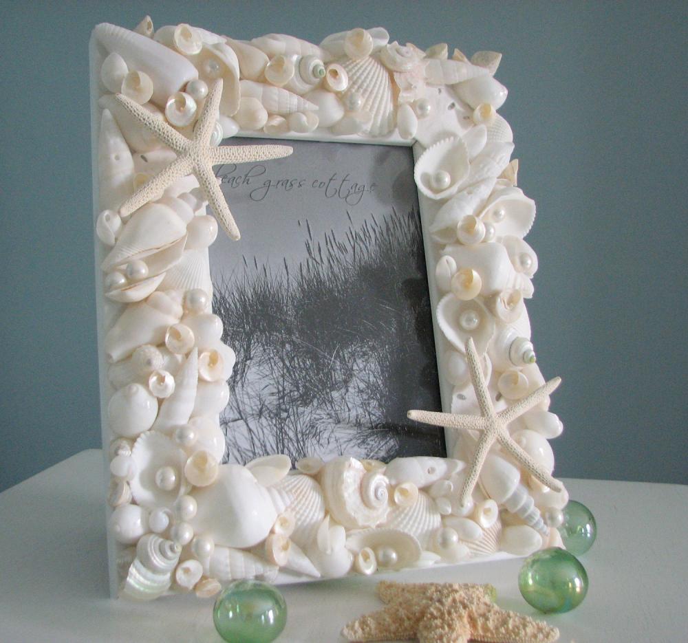 Beach Decor Seashell Frame - Shell Frame W All White Starfish & Pearls - 5x7