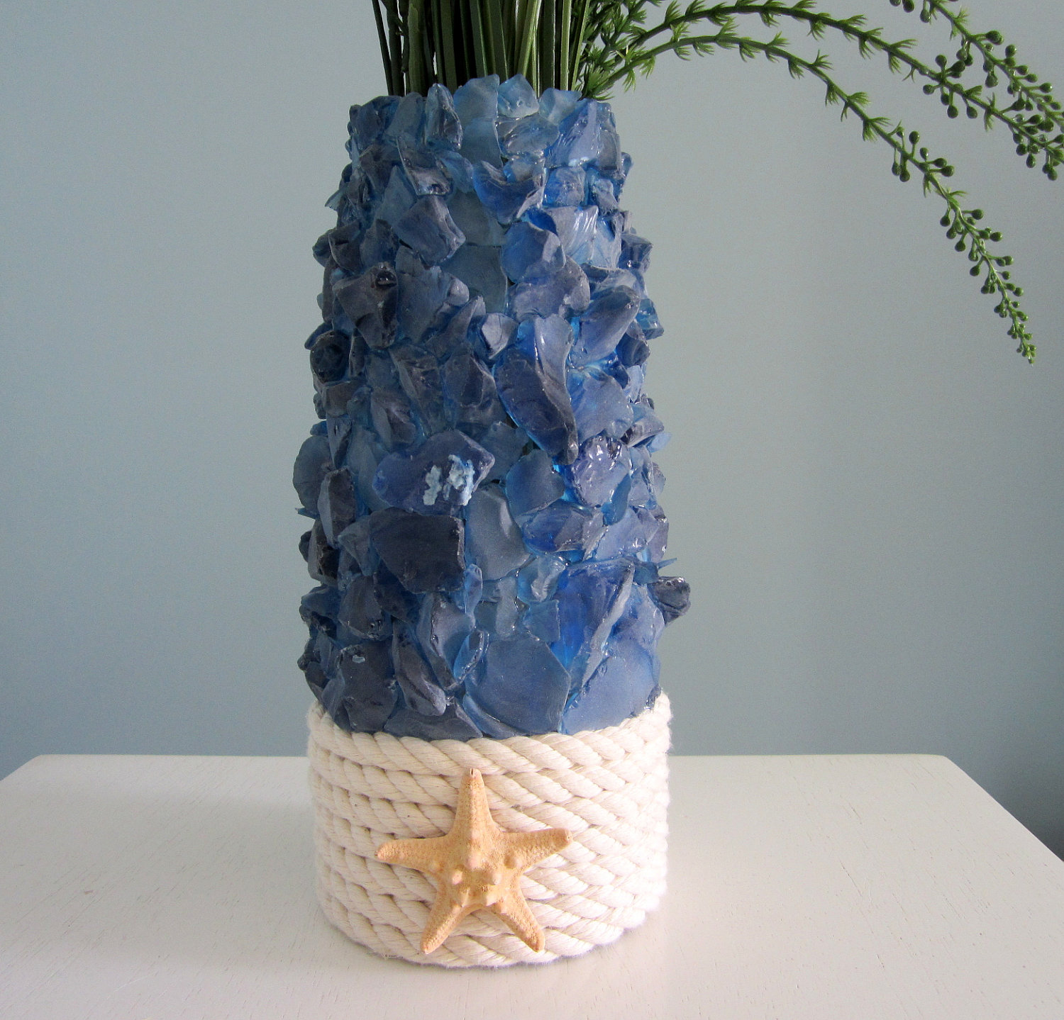 Beach Decor Sea Glass & Starfish Vase Nautical Navy Vase W Nautical