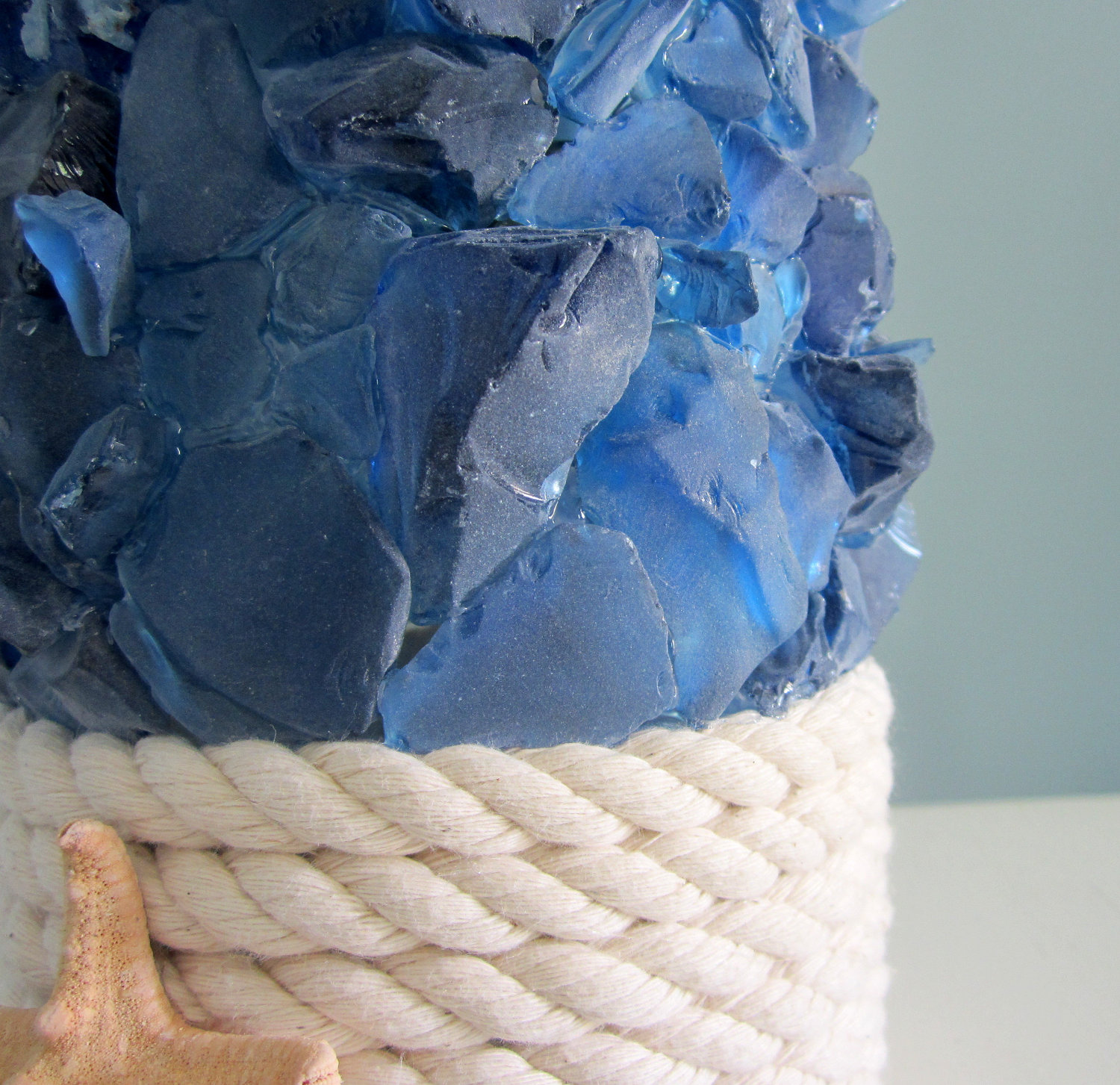 Beach Decor Sea Glass & Starfish Vase Nautical Navy Vase W Nautical